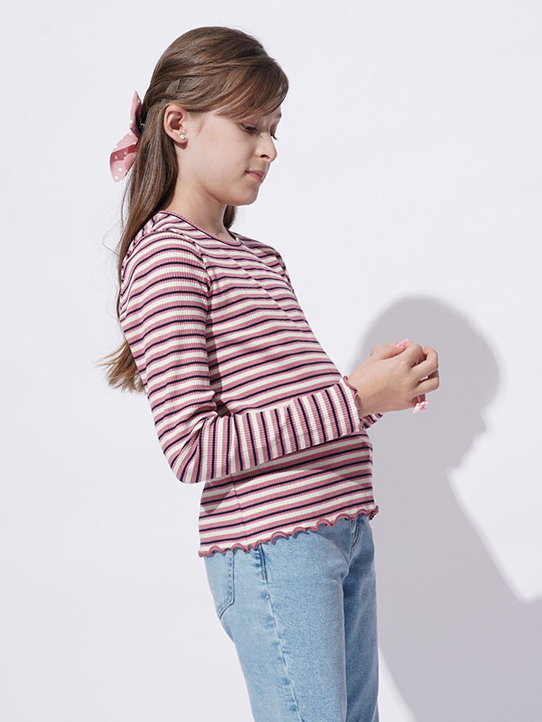 

Vero Moda Girls Horizontal Striped Striped Round Neck Cotton Top, Pink