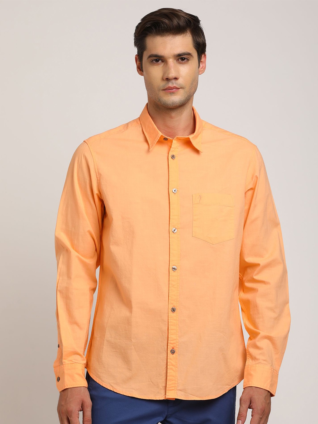 

Indian Terrain Men Classic Spread Collar Solid Cotton Casual Shirt, Orange