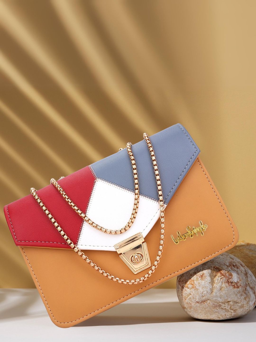 

LIKE STYLE Colourblocked PU Structured Sling Bag with Quilted, Beige
