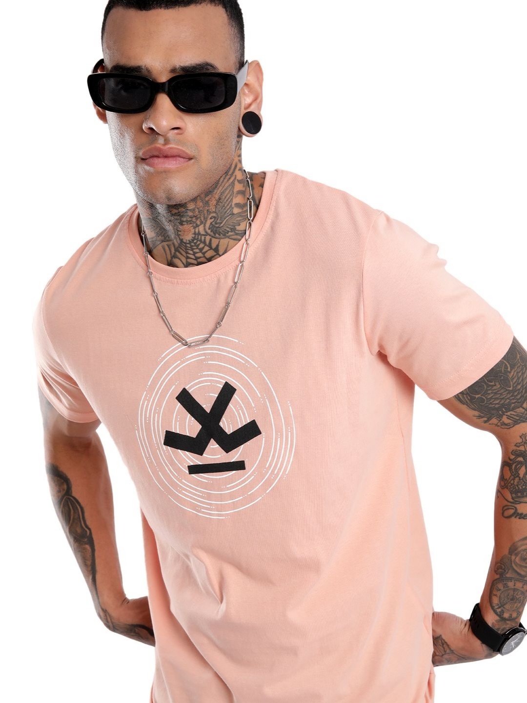 

WROGN Swirled Logo Graphic Printed Slim Fit Cotton T-shirt, Pink