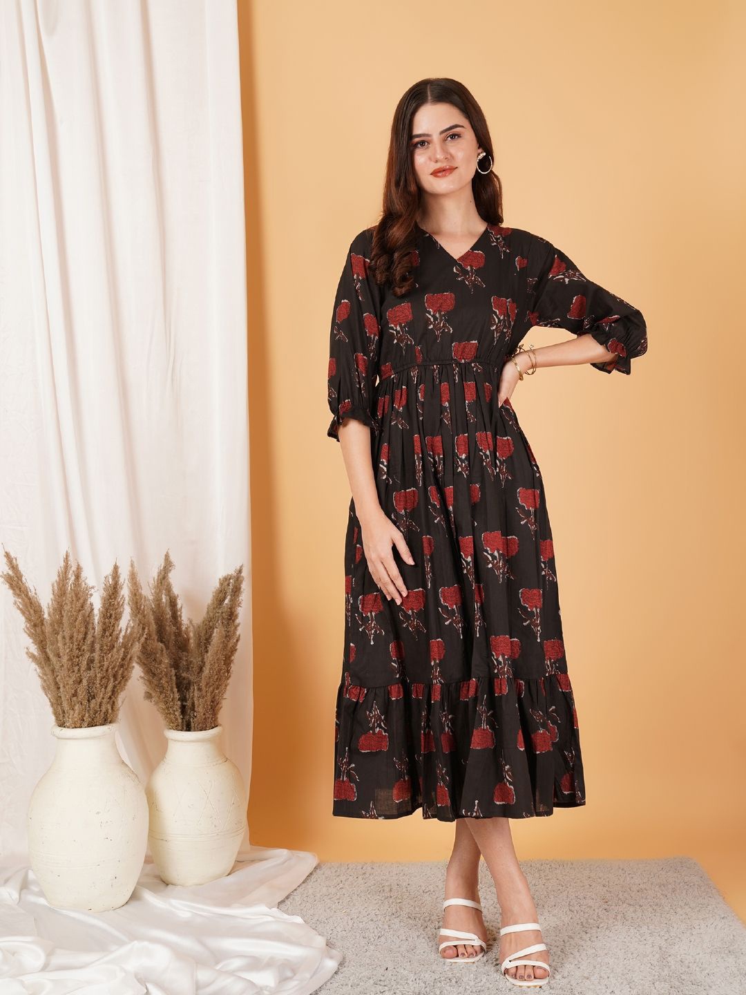 

KALINI Floral Print A-Line Midi Dress, Black