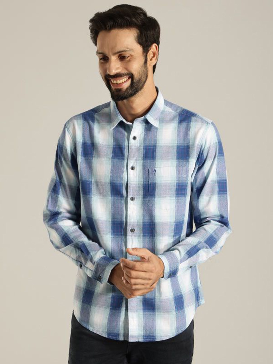 

Indian Terrain Men India Slim Spread Collar Tartan Checked Cotton Slim Fit Casual Shirt, Blue