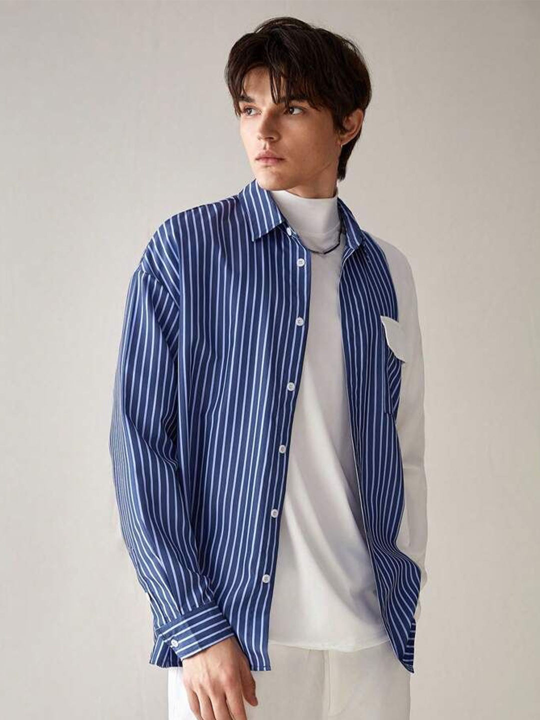 

HAMPTONS Cotton Blend Stripes Casual Shirt With Contrast Pocket, Blue