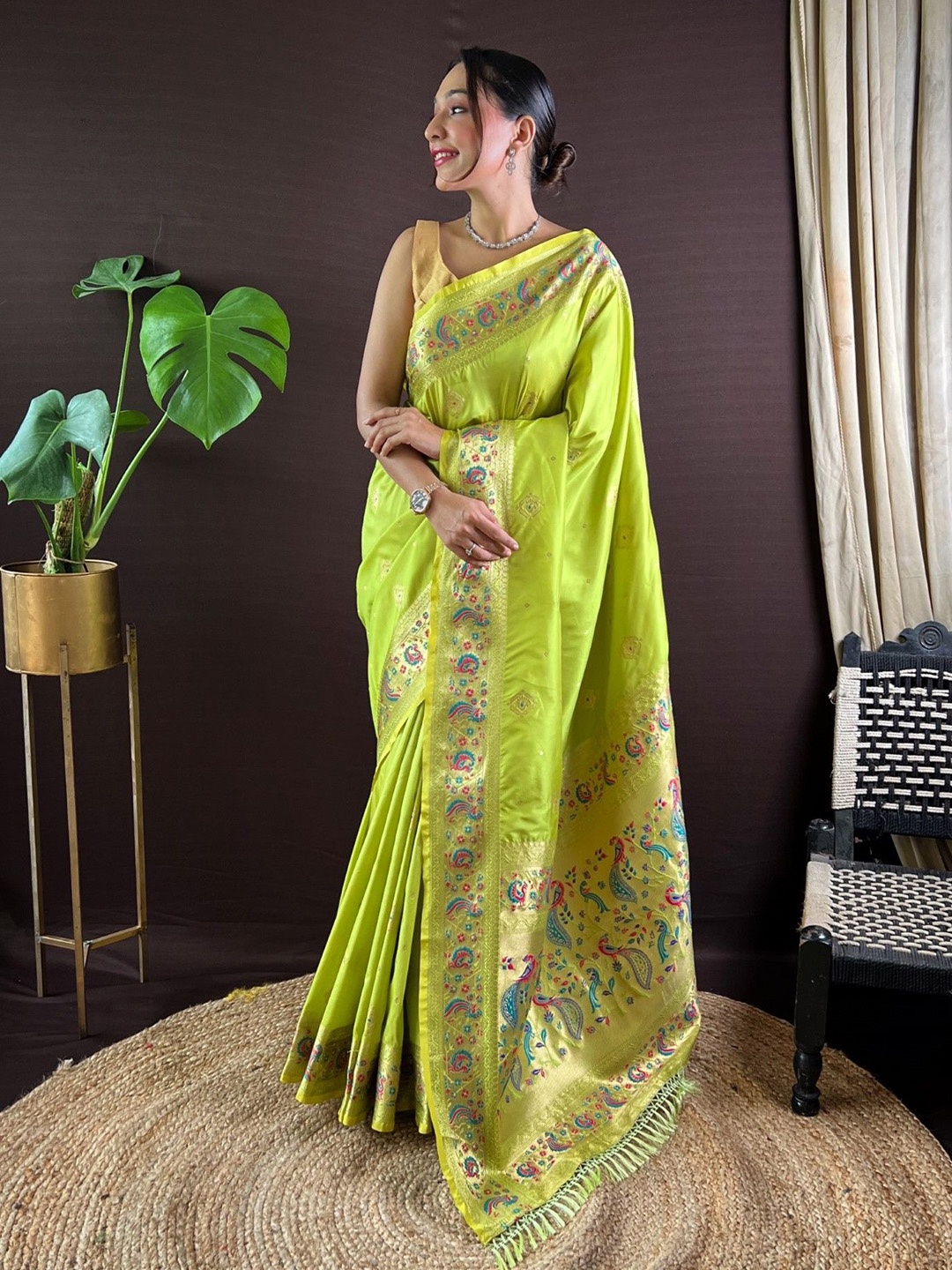 

Mitera Woven Design Zari Paithani Saree, Lime green