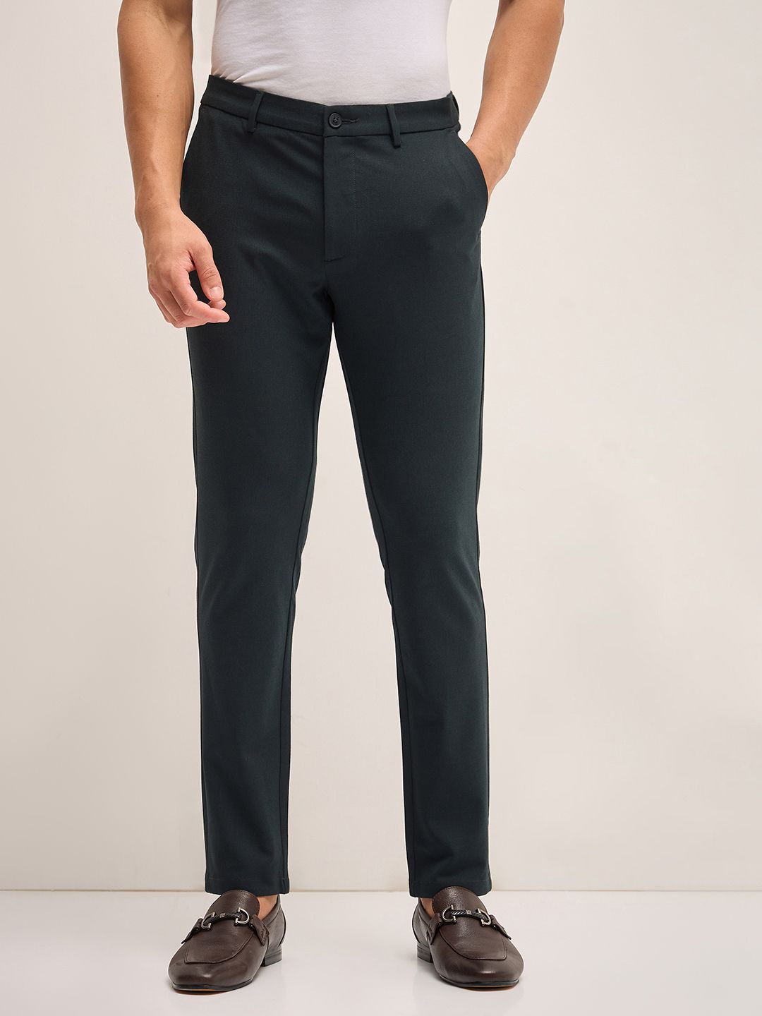 

THE BEAR HOUSE Men Mid-Rise Slim Fit Formal Trousers, Green