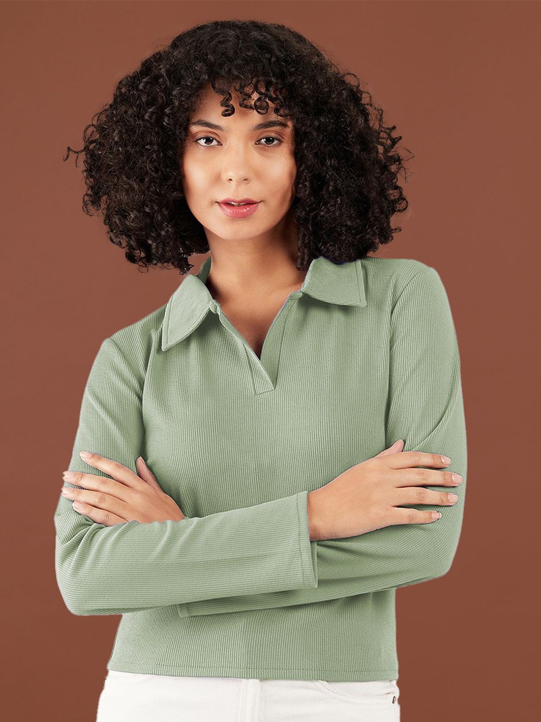 

Athena Immutable Women Ribbed Polo Collar T-shirt, Green
