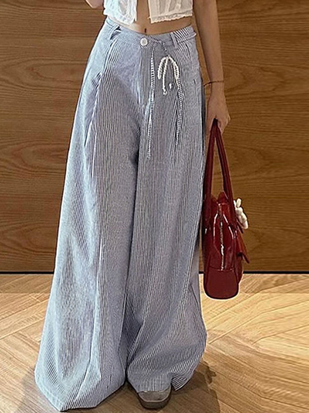 

LULU & SKY Women Striped Loose Fit Casual Trousers, Blue