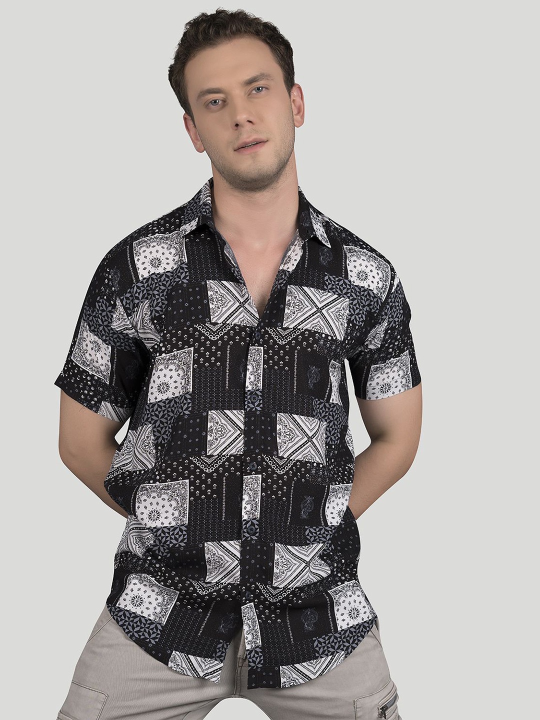 

ALMATY Men Comfort Slim Fit Opaque Printed Party Shirt, Black
