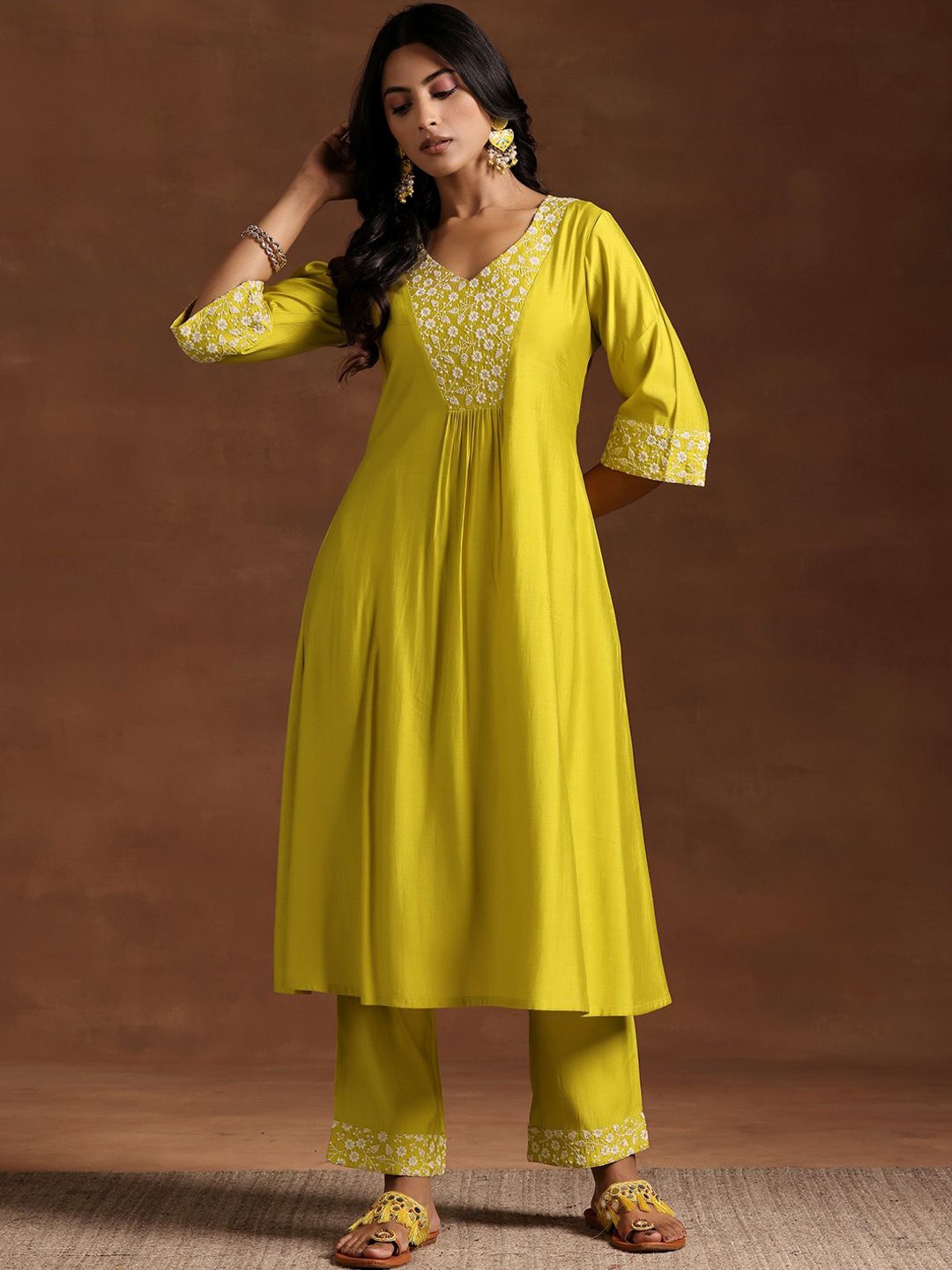 

Libas Women Floral Yoke Design Pleated Thread Work Kurta with Trousers, Yellow