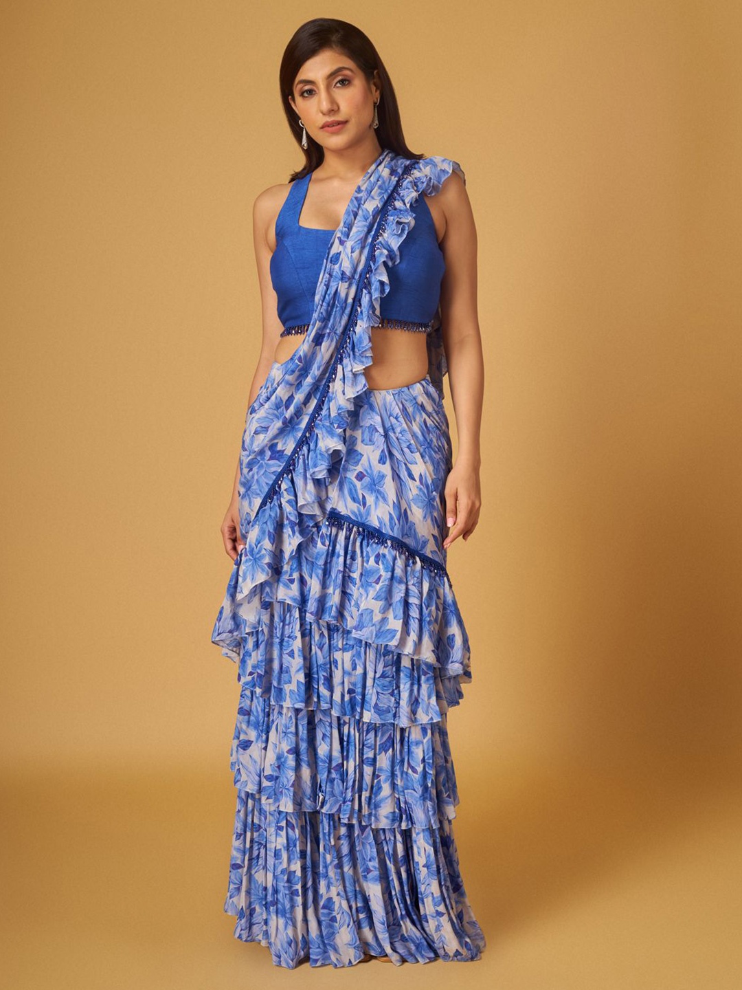 

Maisolos Floral Beads and Stones Silk Cotton Ready to Wear Saree, Blue