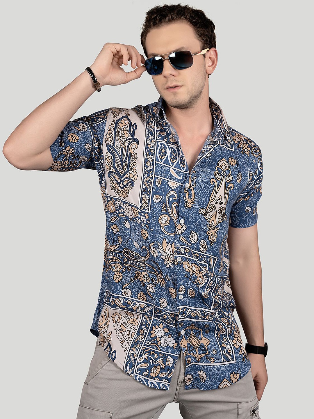 

ALMATY Men Comfort Slim Fit Opaque Printed Party Shirt, Blue