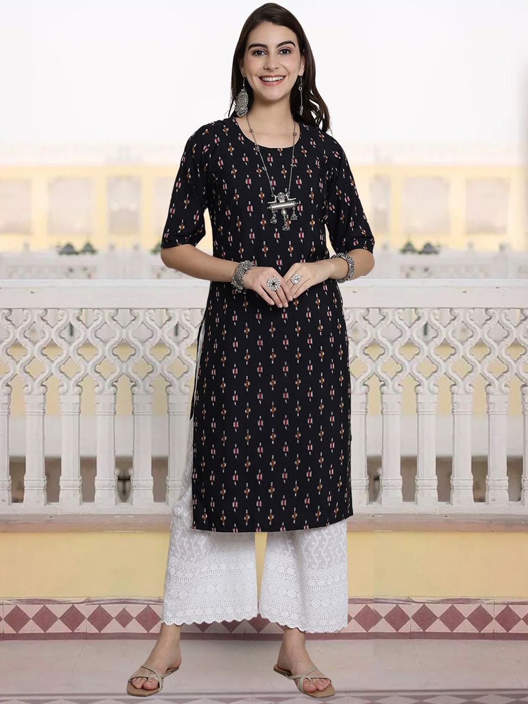 

7Threads Women Ethnic Motifs Printed Sequinned Floral Crepe Kurta, Multi