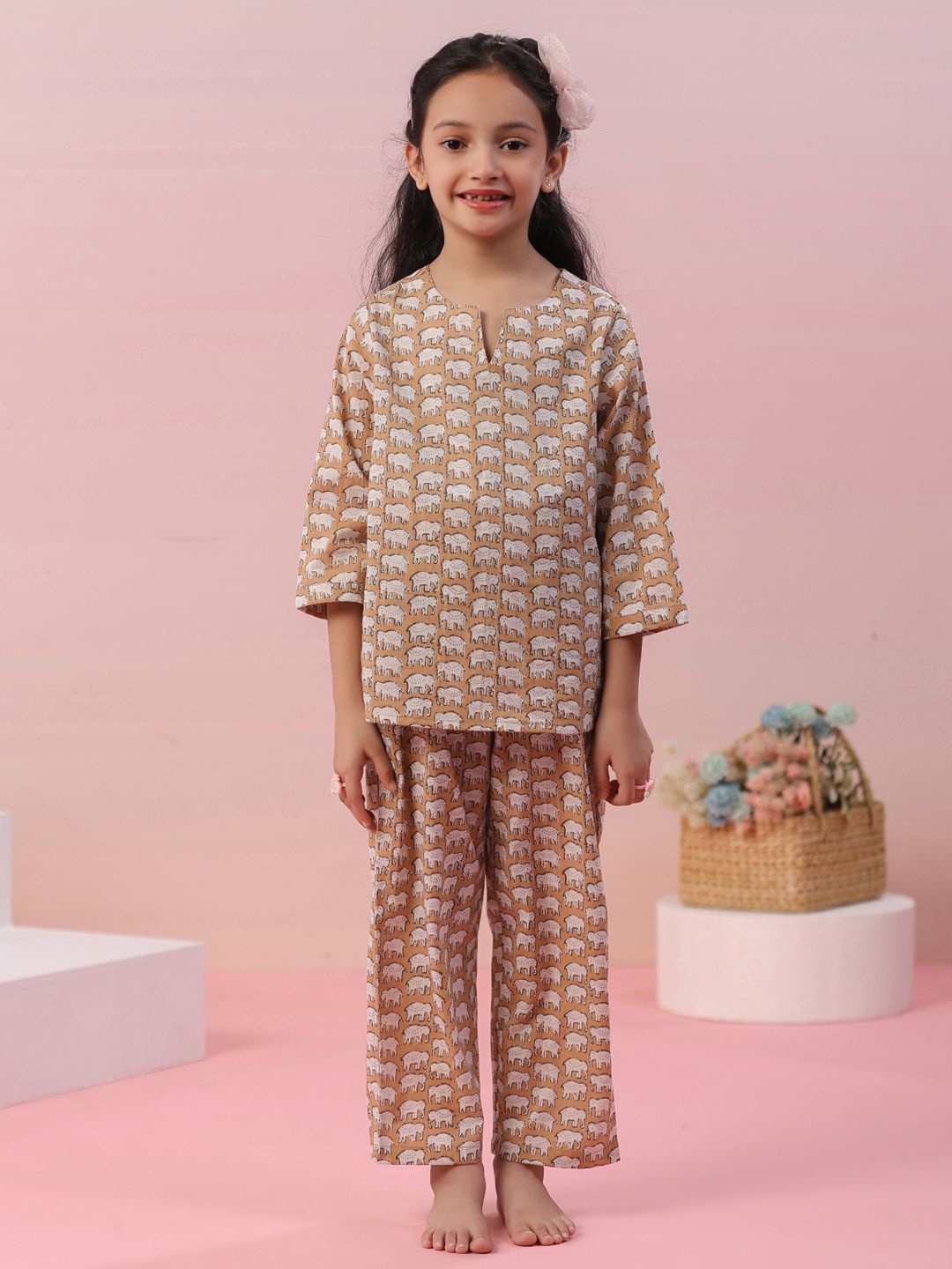 

SANSKRUTIHOMES Girls Pure Cotton Printed Night suit, Brown