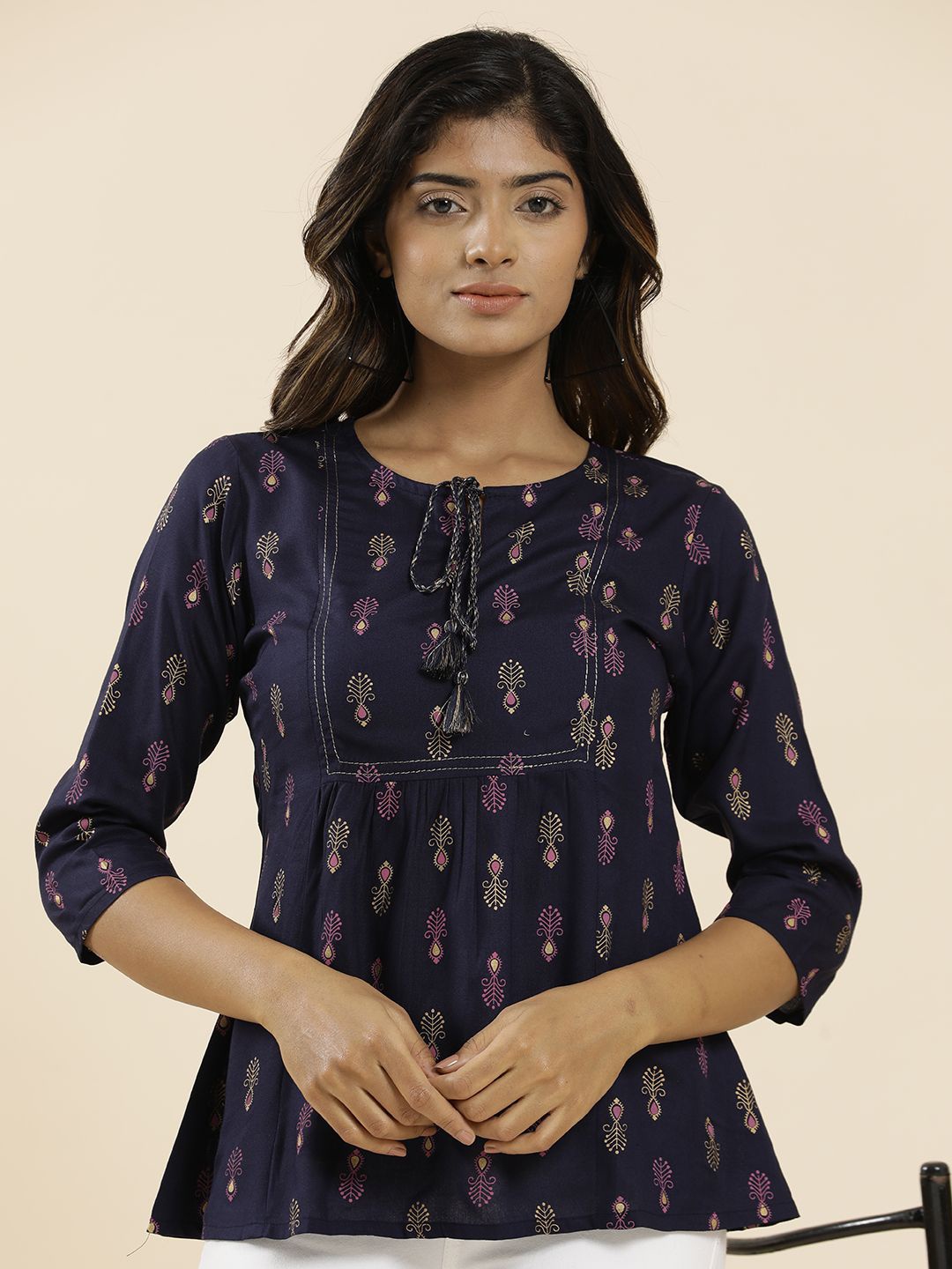 

Jaipur Kurti Print Tie-Up Neck Top, Purple