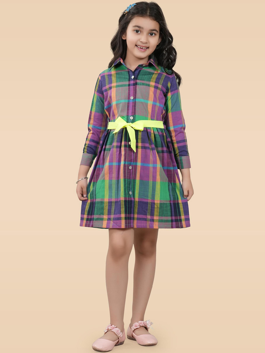 

RANJ Girls Checked Shirt Dress, Purple
