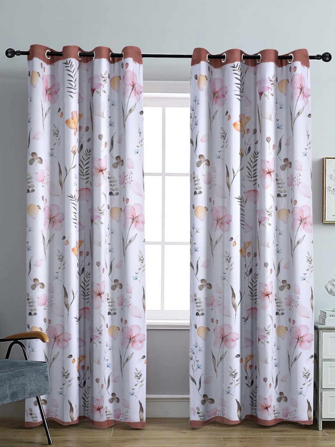 

Aura White & Purple Set of 2 Floral Black Out Long Door Curtain