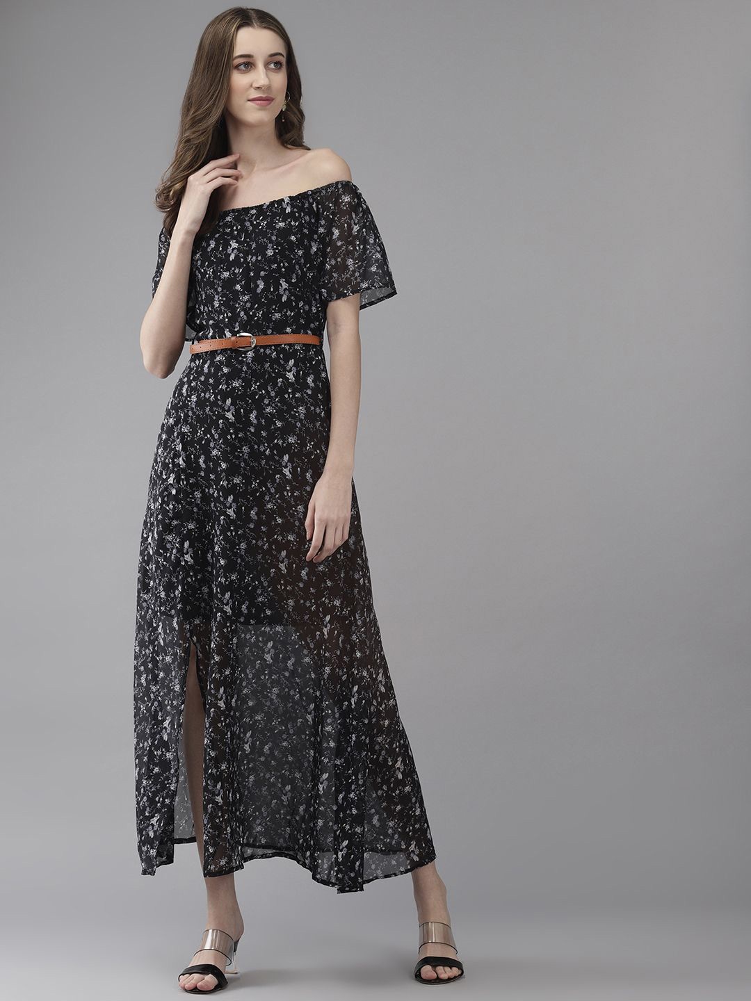 

BAESD Floral Print Georgette Blouson Dress, Black