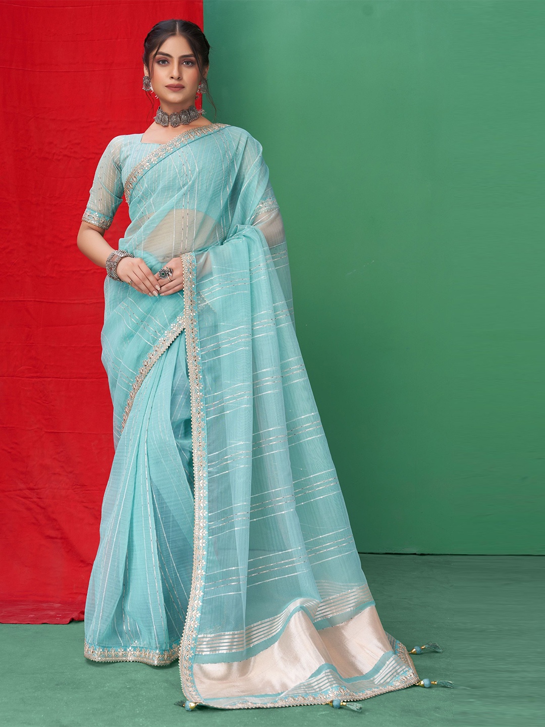 

Mitera Ethnic Motifs Zari Organza Saree, Blue