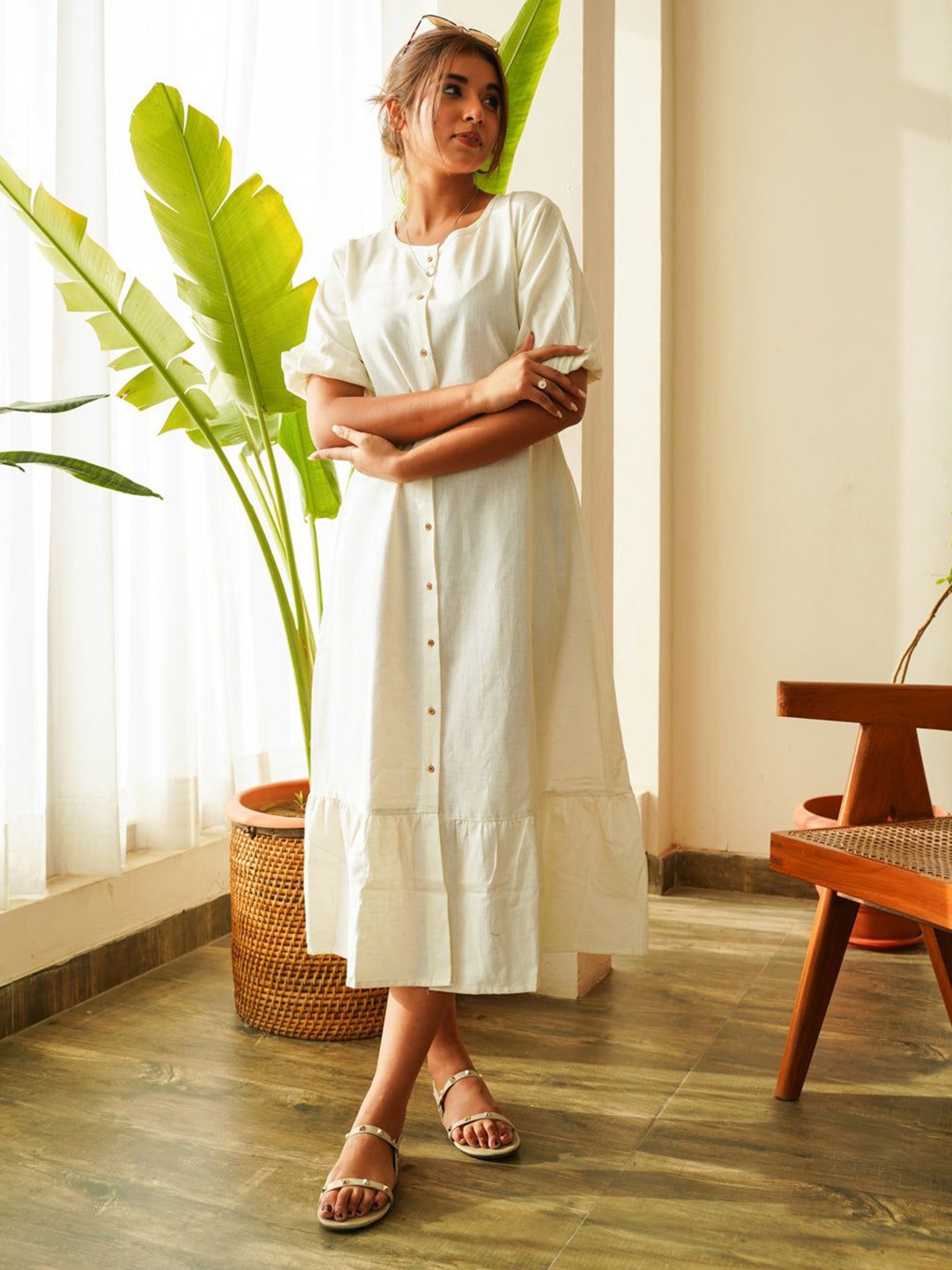 

NANGALIA RUCHIRA Puff Sleeve A-Line Midi Dress, White