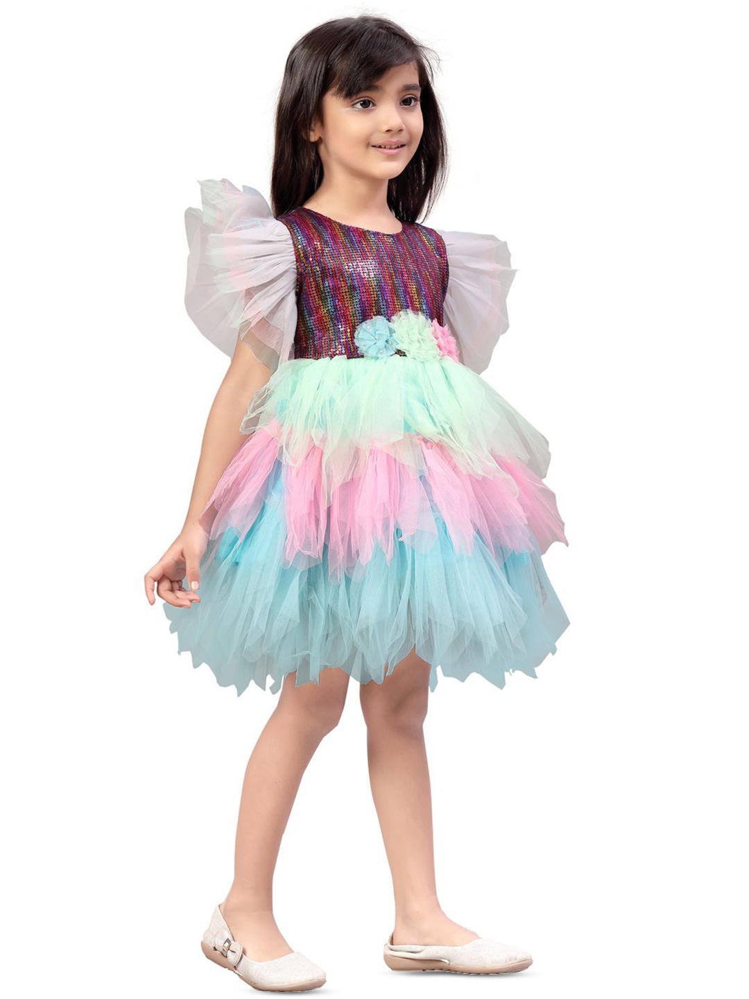 

BAESD Flutter Sleeve Net Fit & Flare Dress, Multi