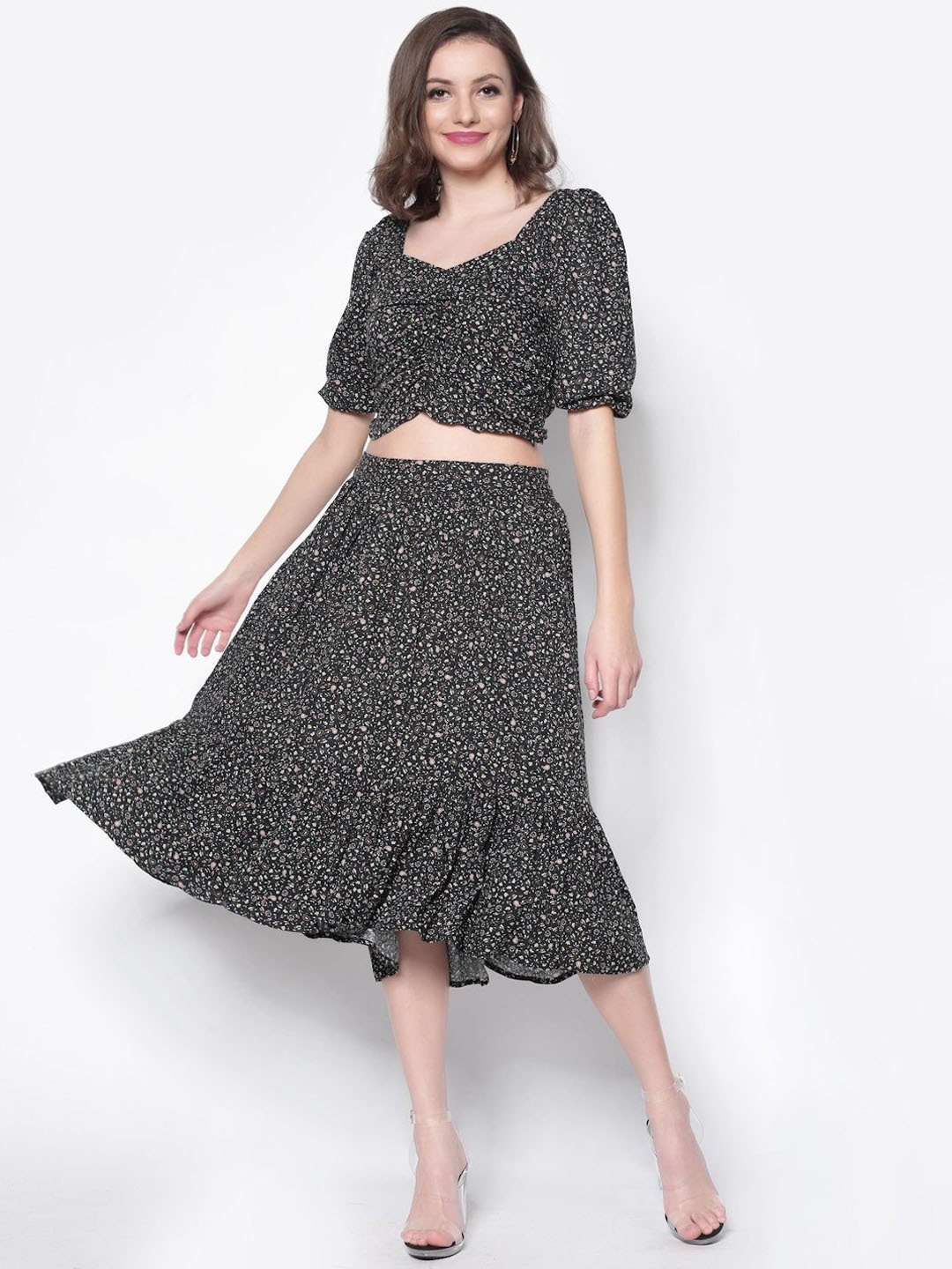 

Sera Printed Short Sleeve Top & Skirt Co-Ords, Black