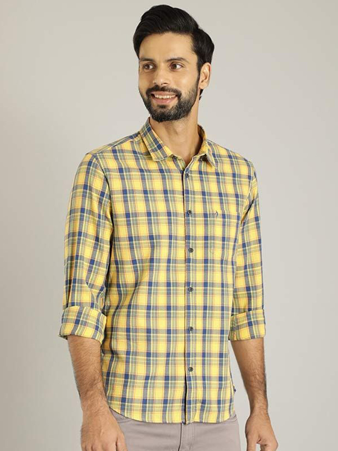 

Indian Terrain Men Chiseled Spread Collar Solid Cotton Skinny Fit Casual Shirt, Yellow