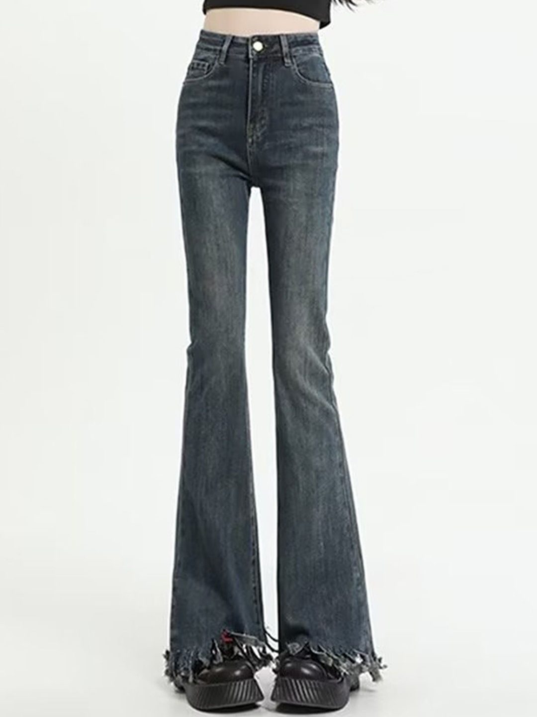 

LULU & SKY Women Bootcut High-Rise Slash Knee Heavy Fade Jeans, Grey