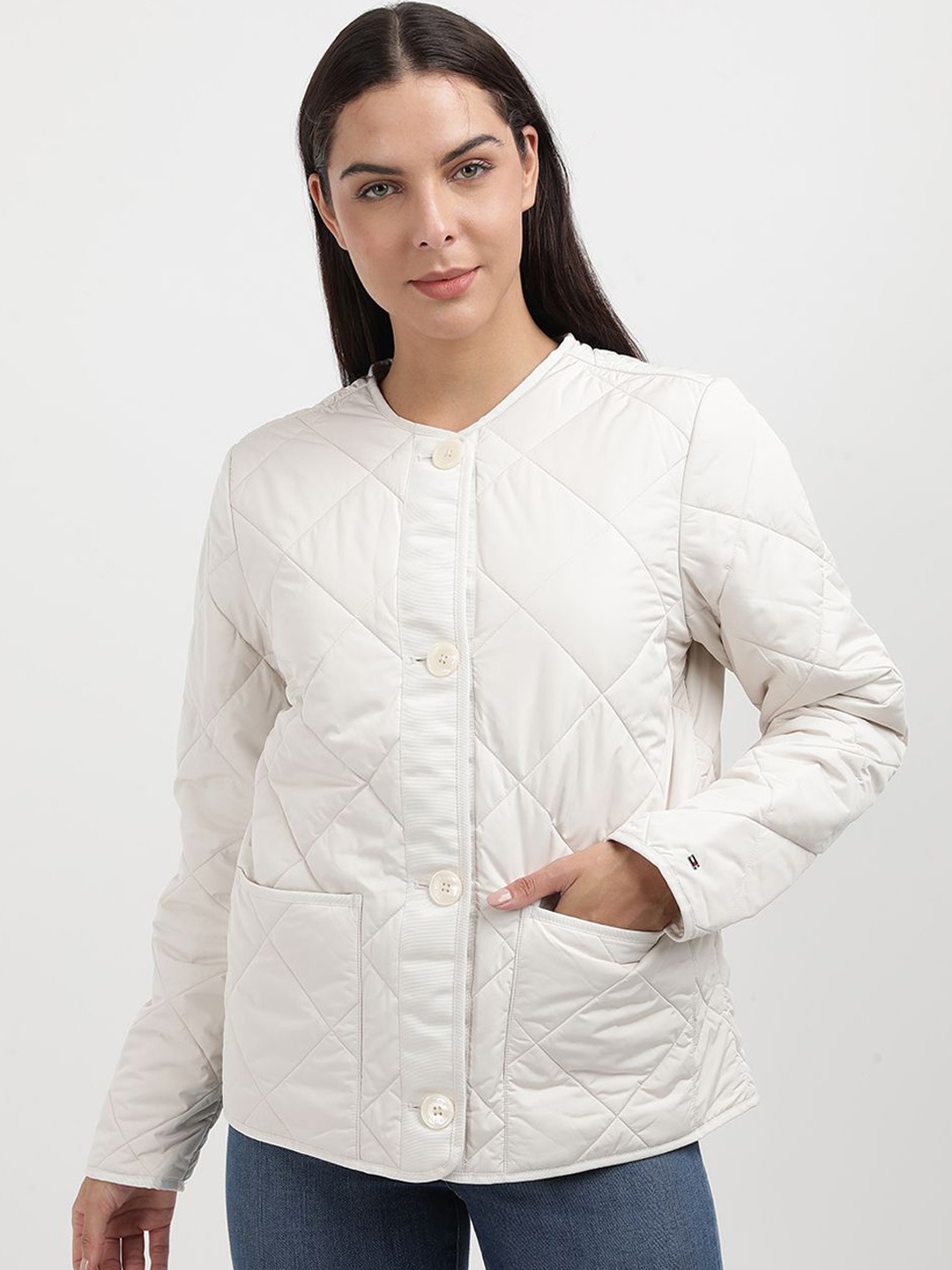 

Tommy Hilfiger Women Geometric Quilted Jacket with Patchwork, White