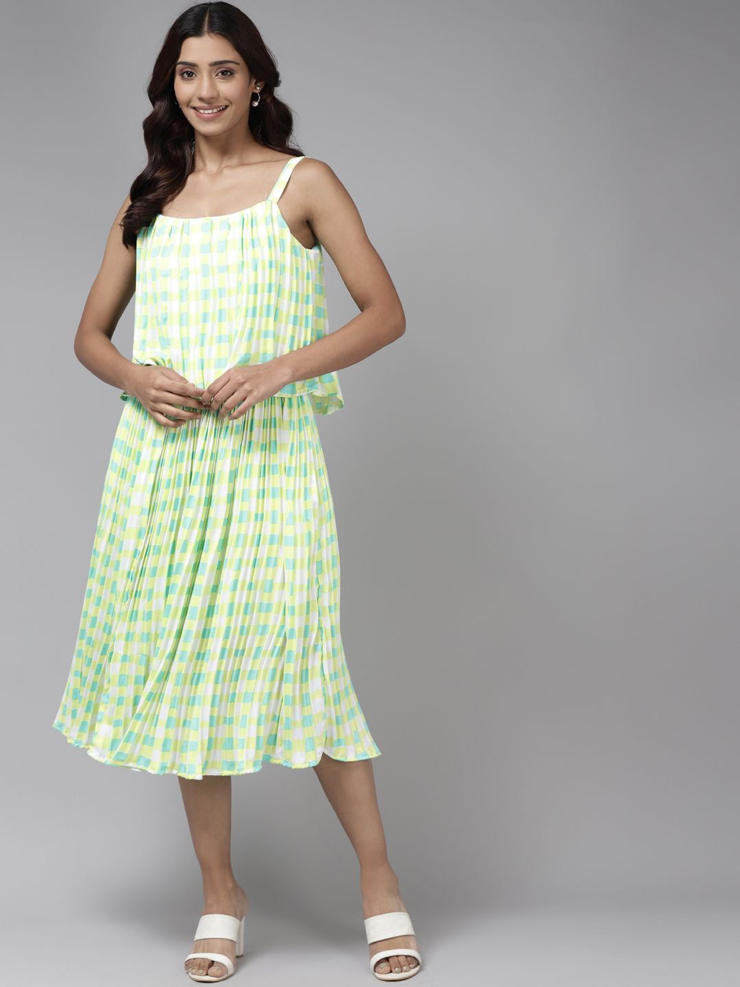 

BAESD Checked Georgette A-Line Midi Dress, Green