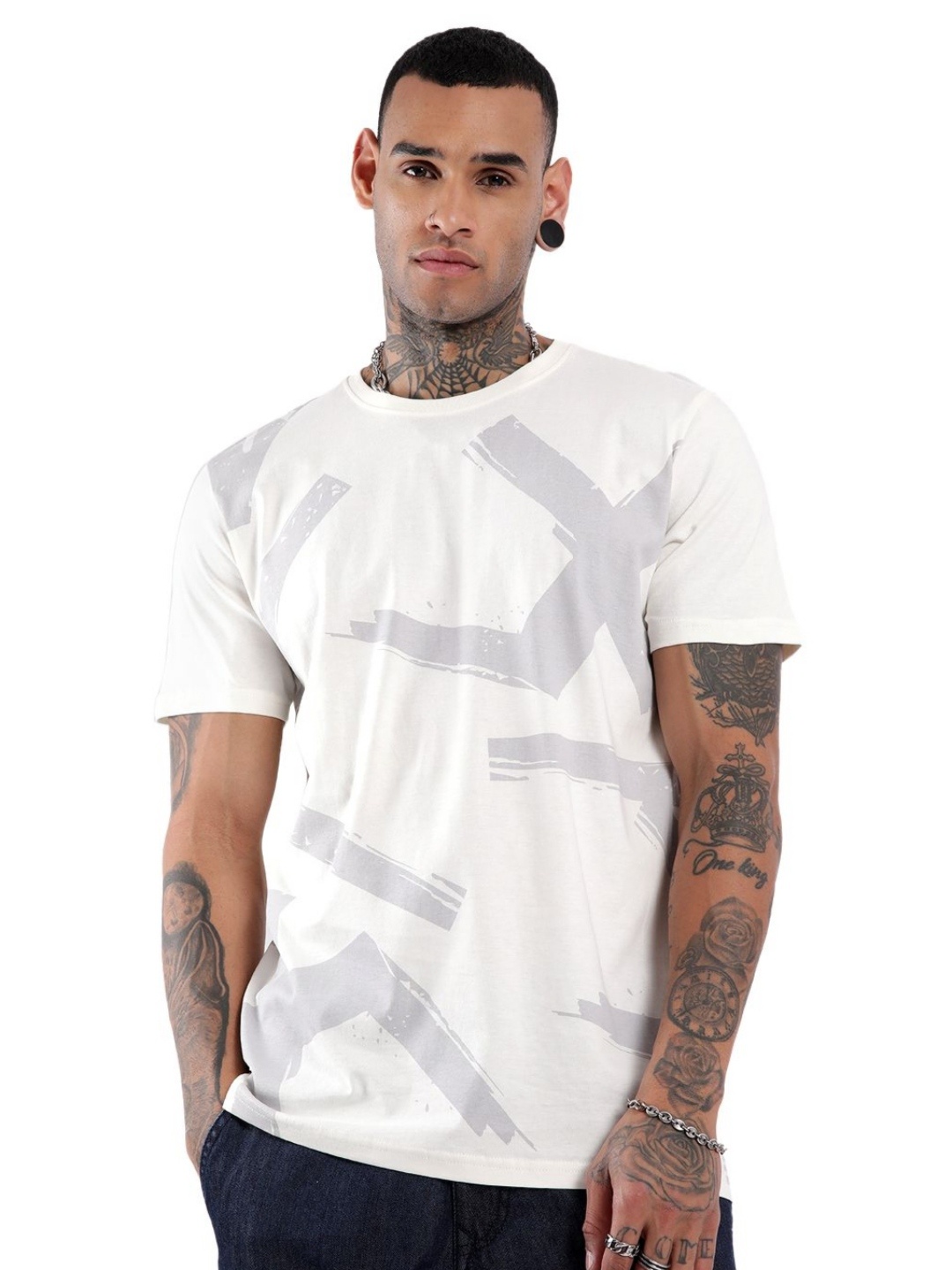 

WROGN Wrogn Brush Strokes Printed Slim Fit Cotton T-shirt, Off white