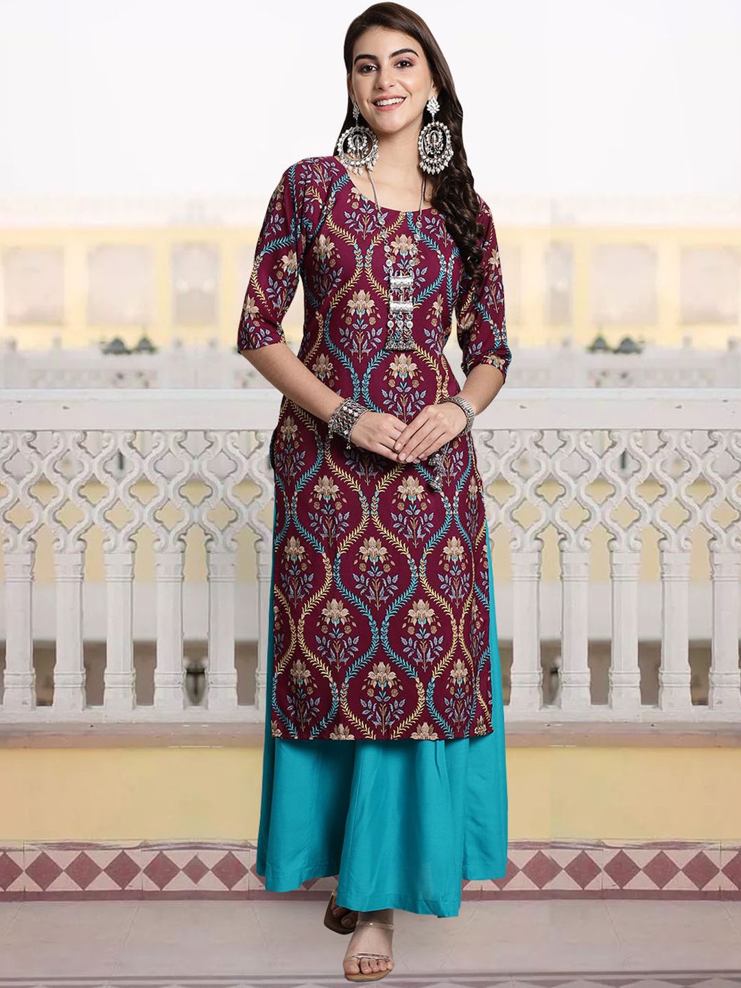 

7Threads Women Ethnic Motifs Printed Sequinned Floral Crepe Kurta, Multi