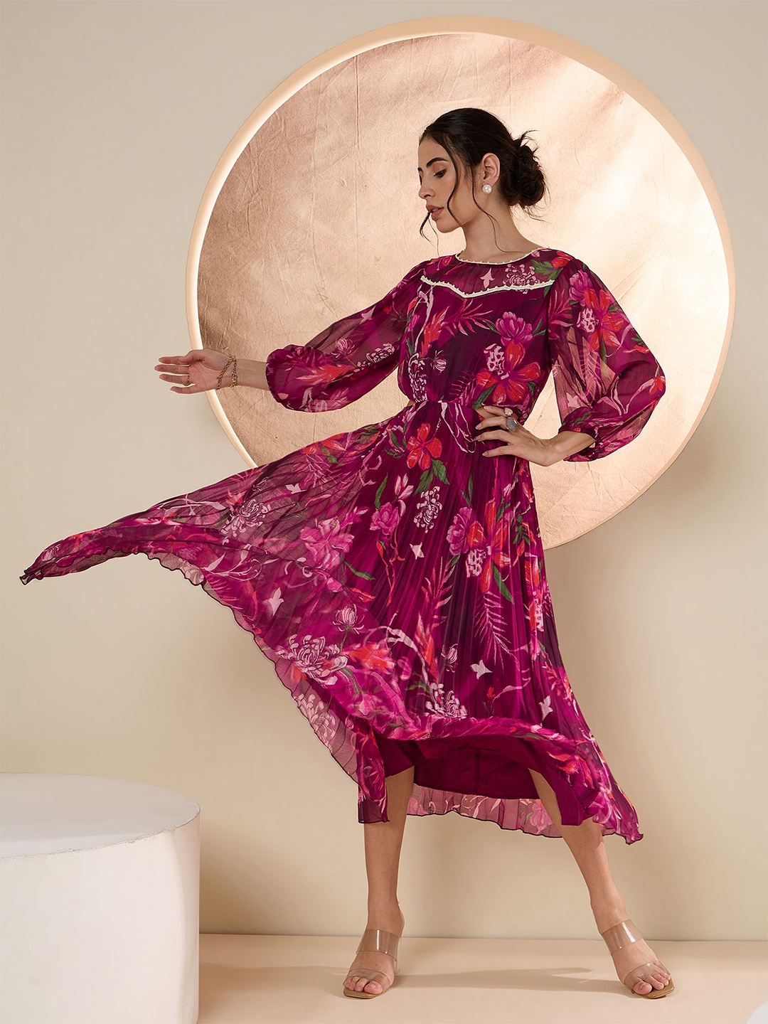 

Antheaa Floral Print Puff Sleeve Chiffon Fit & Flare Midi Dress, Red