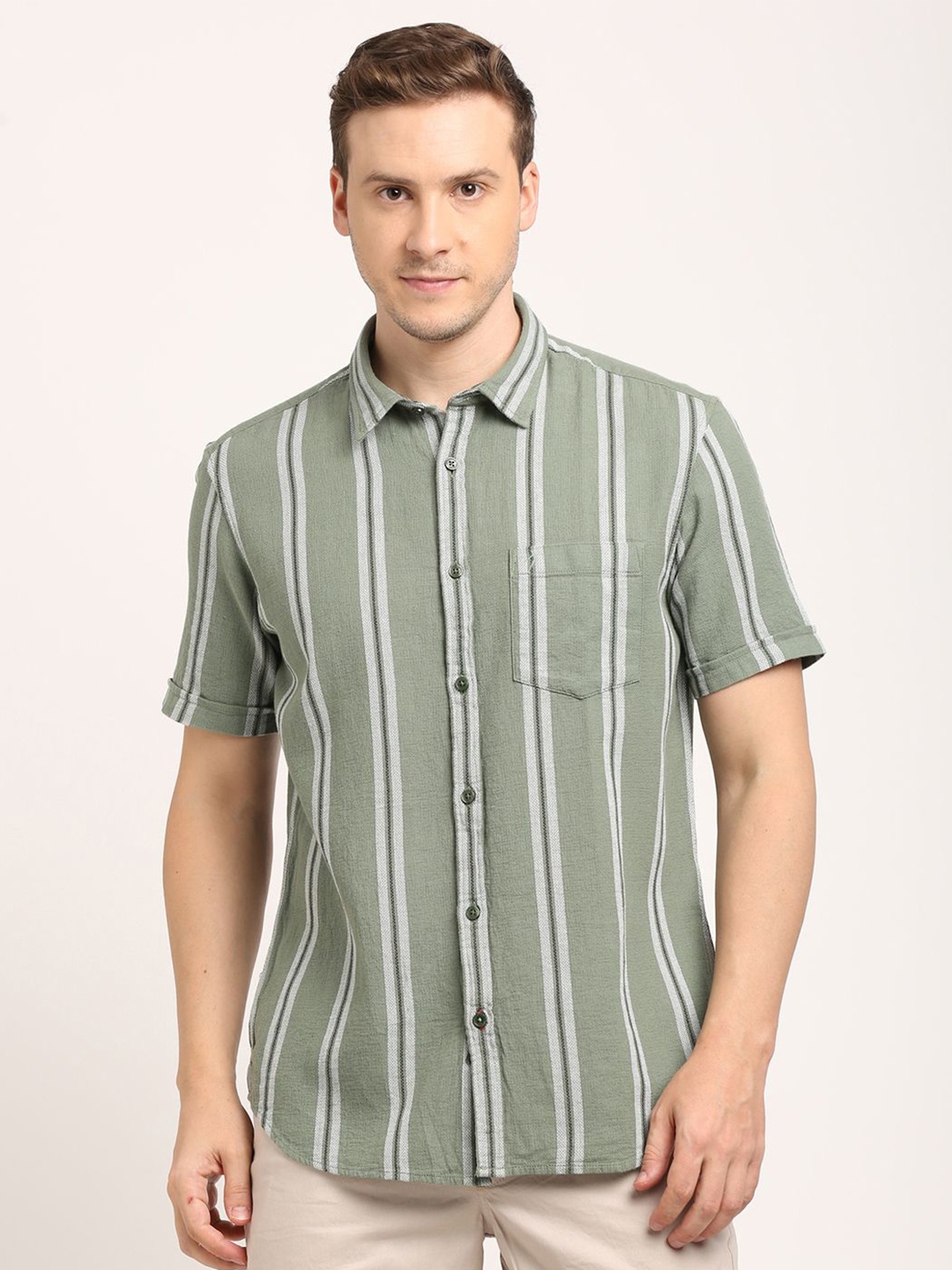

Indian Terrain Men Classic Spread Collar Striped Cotton Casual Shirt, Green