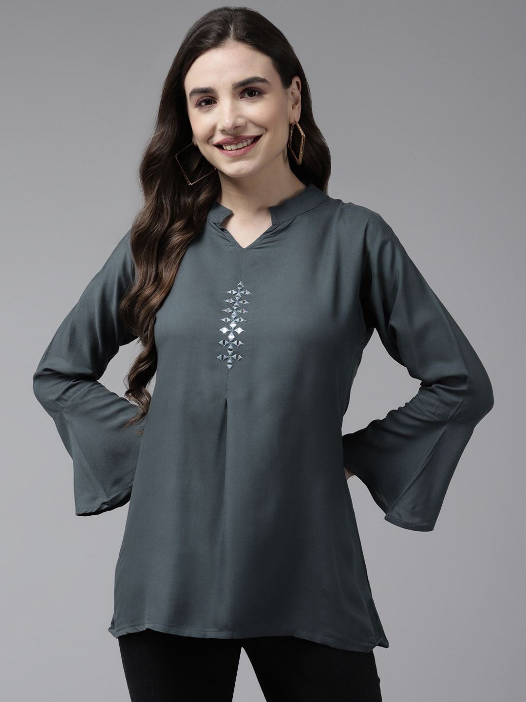 

BAESD Mandarin Collar Bell Sleeve Georgette Top, Grey