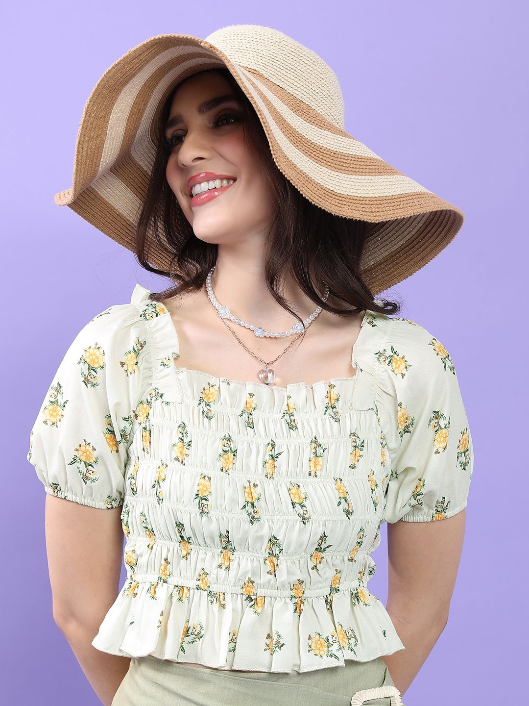 

Tokyo Talkies Floral Print Puff Sleeve Cinched Waist Crop Top, White