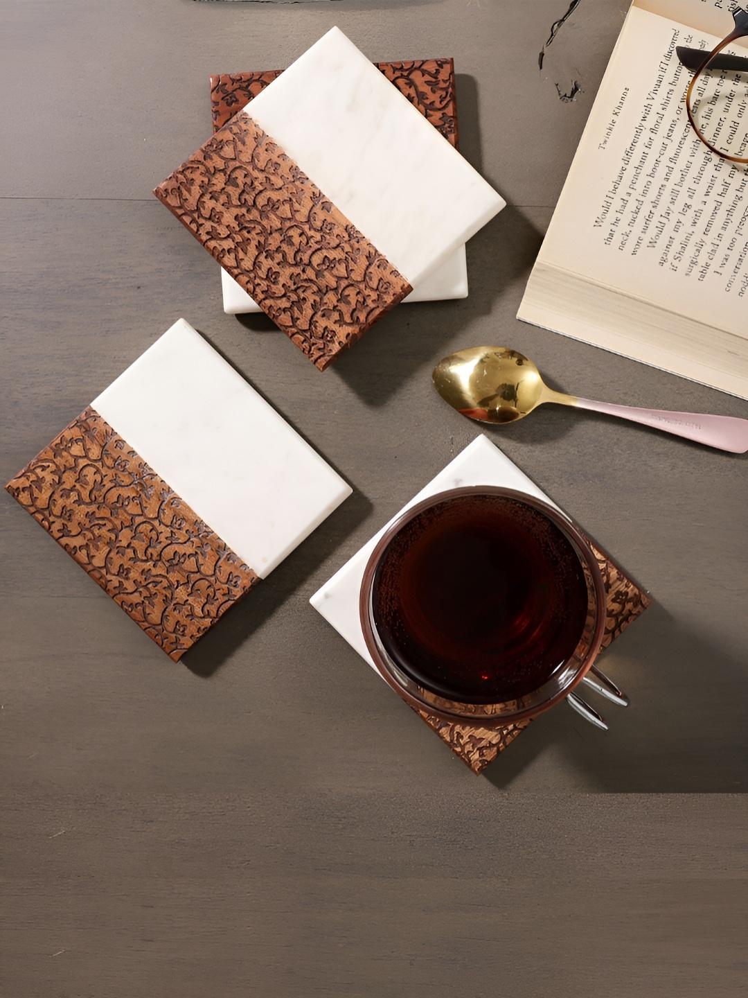 

NikkisPride 4-Pcs White & Brown Textured Wooden Square Coasters