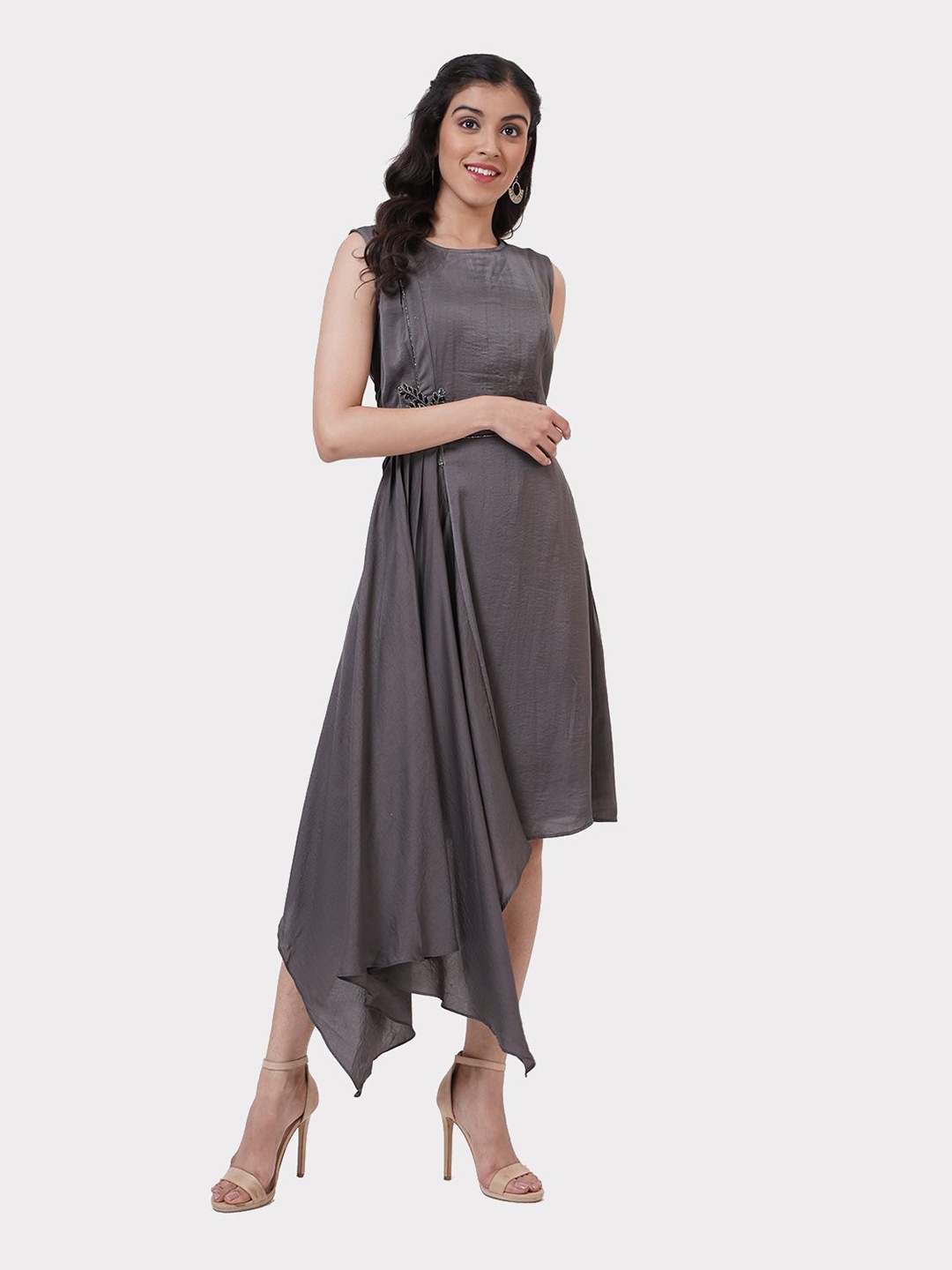 

SHECZZAR Satin Fit & Flare Midi Dress, Grey