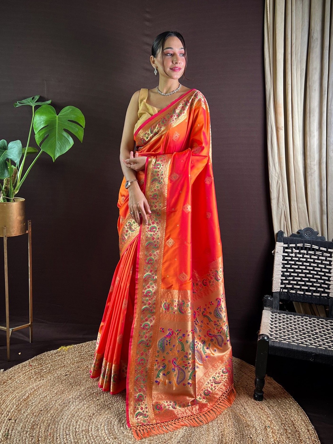 

Mitera Woven Design Zari Designer Paithani Saree, Orange