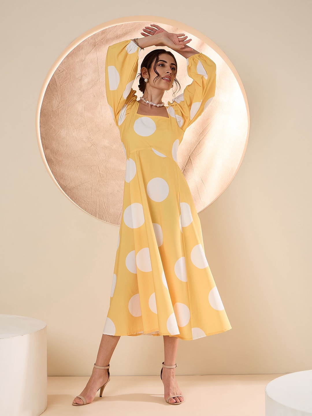 

Antheaa Polka Dot Print Crepe A-Line Maxi Dress, Yellow