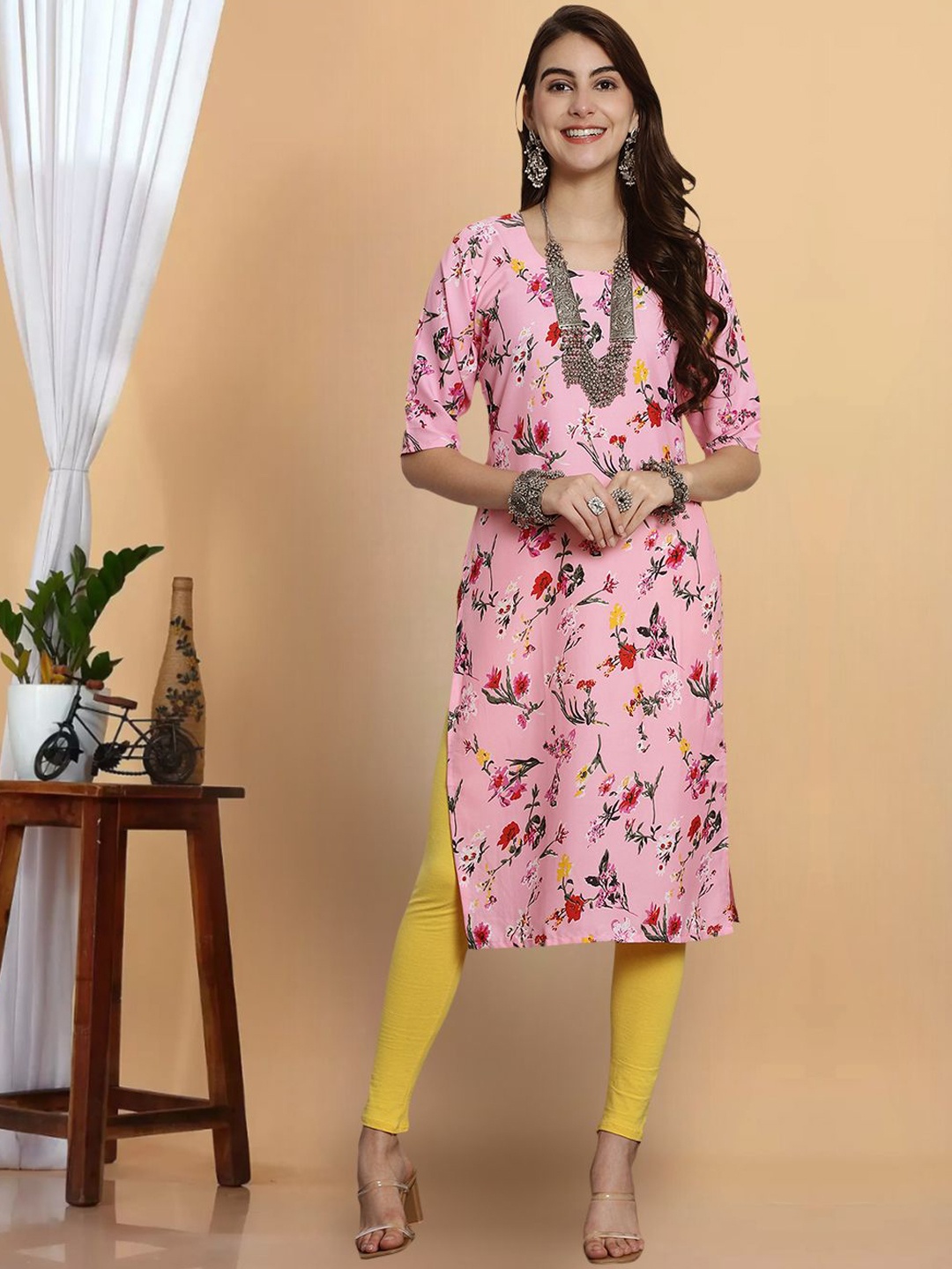 

7Threads Women Floral Printed Flared Sleeves Sequinned Floral Crepe Kurta, Multi
