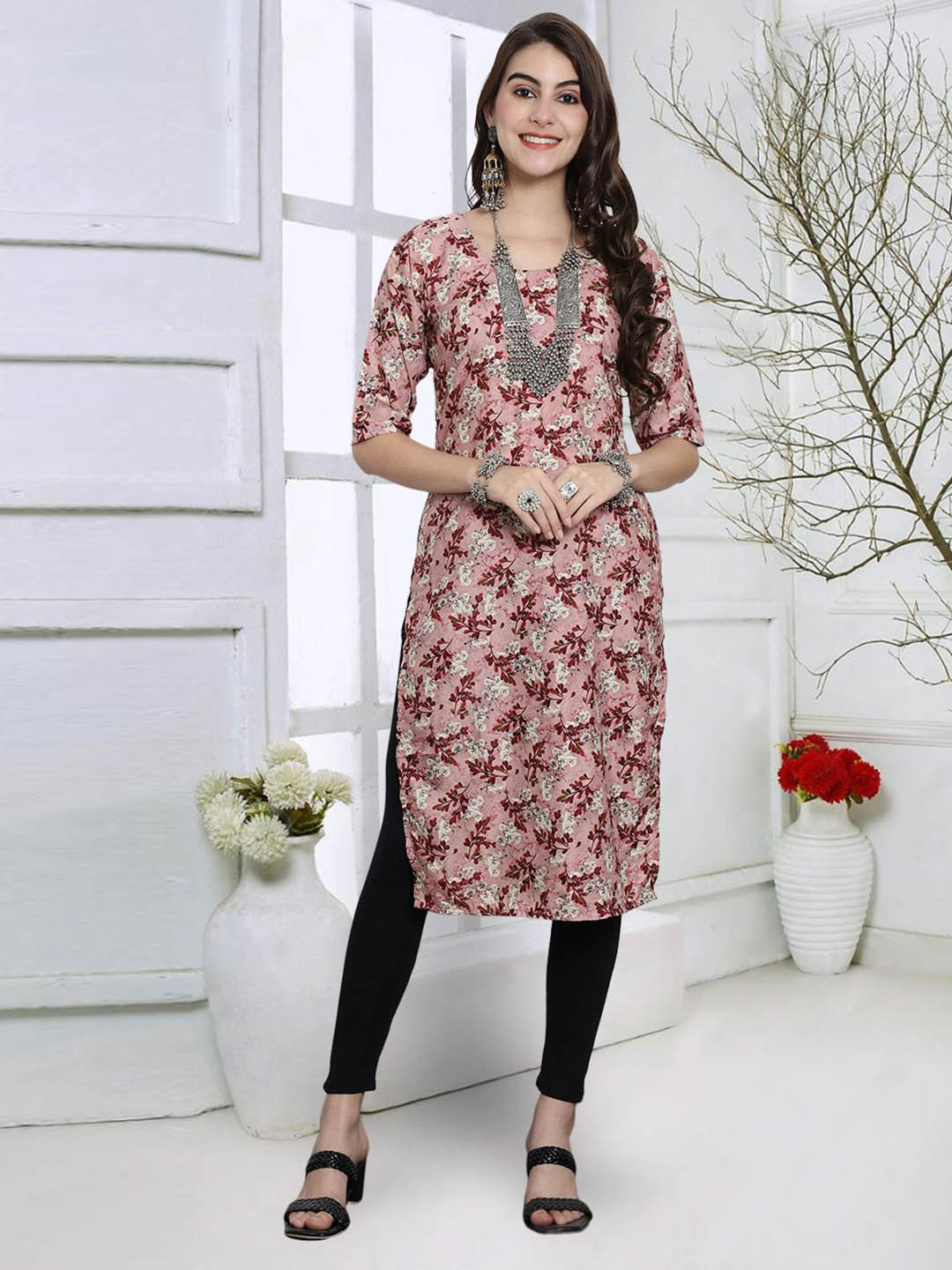 

7Threads Women Printed Thread Work Floral Crepe Kurta, Multi