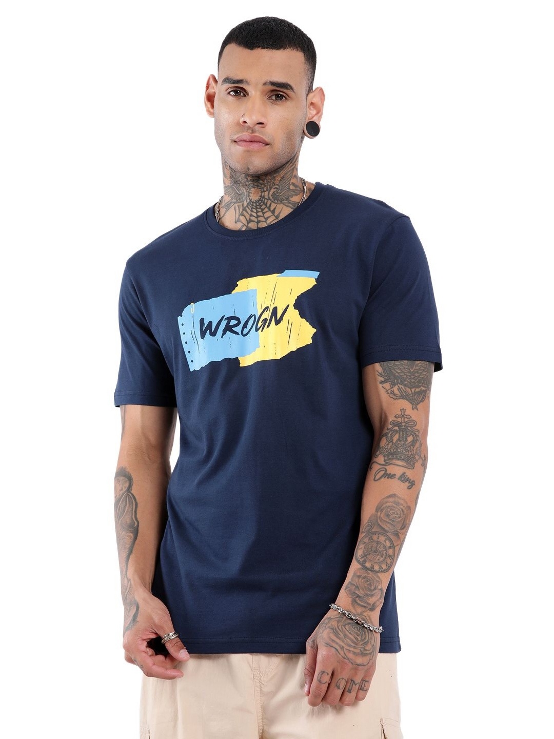 

WROGN Classic Graphic Printed Slim Fit Cotton T-shirt, Navy blue