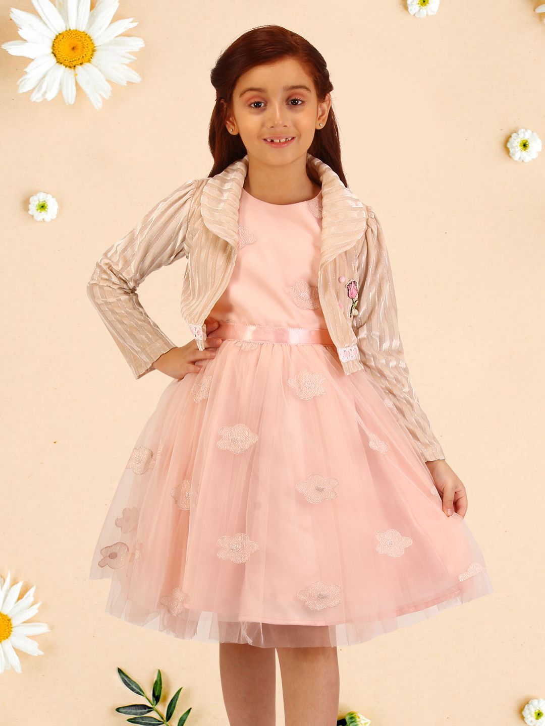 

CUTECUMBER Embellished Applique Net Fit & Flare Dress, Peach