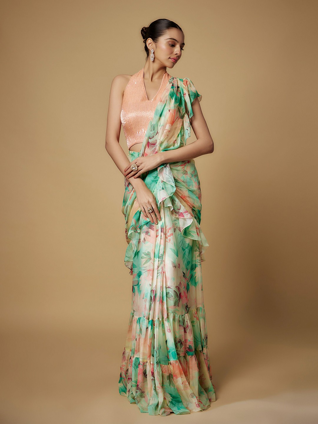 

Maisolos Floral Pure Chiffon Ready to Wear Saree, Peach