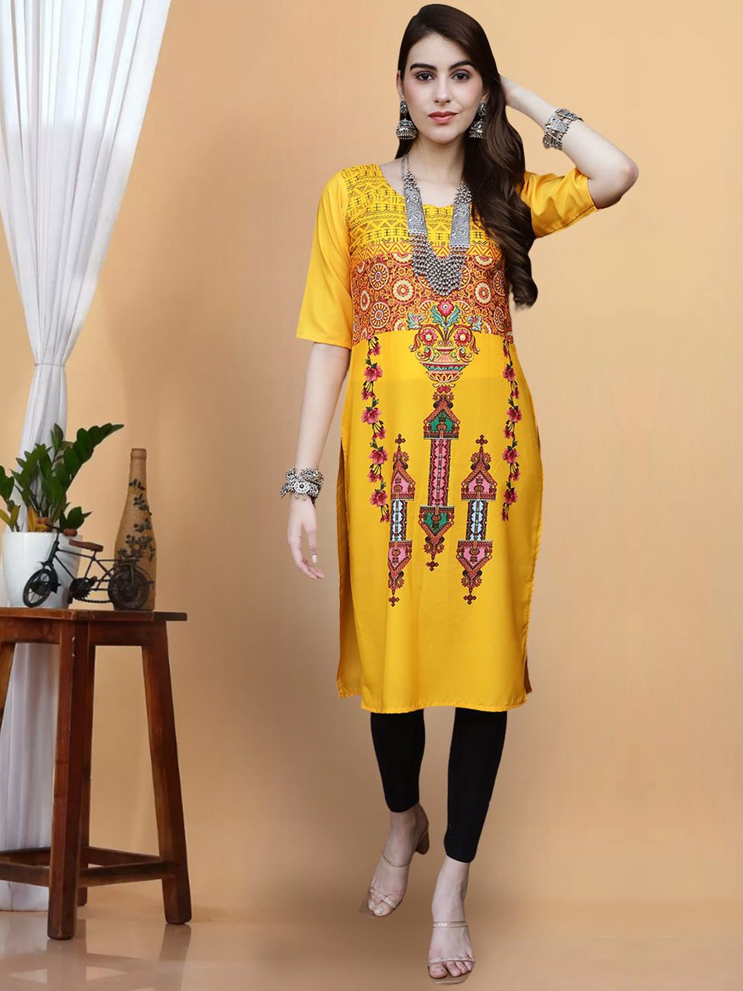 

7Threads Women Floral Printed Flared Sleeves Thread Work Floral Crepe Kurta, Multi