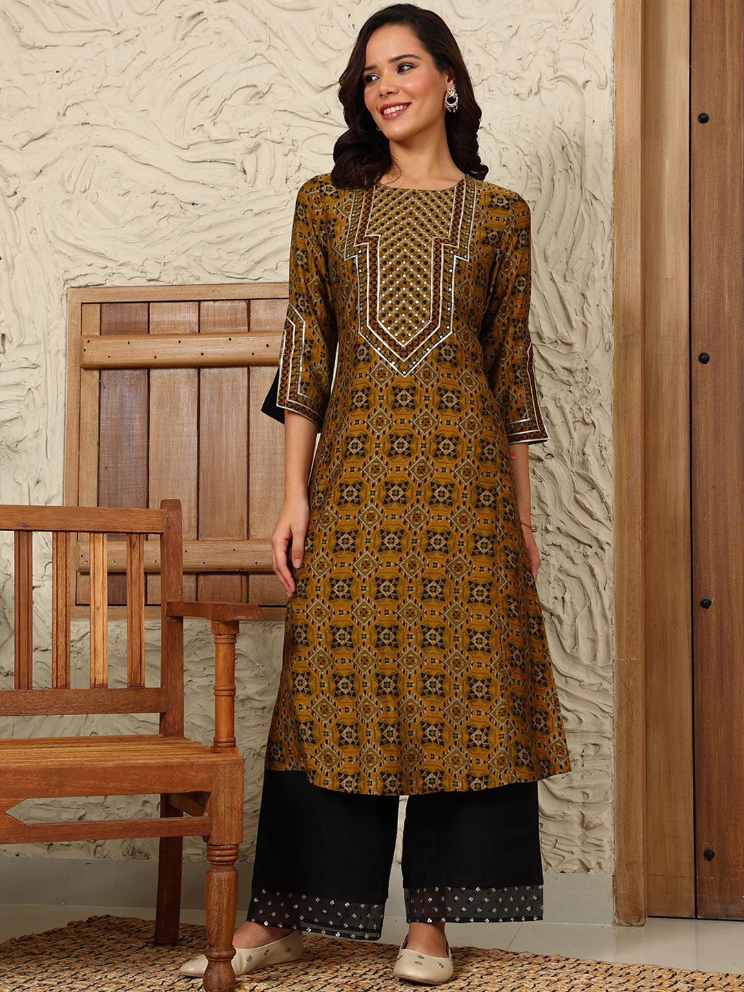 

W Women Ethnic Motifs Printed Mirror Work Anarkali Kurta, Yellow