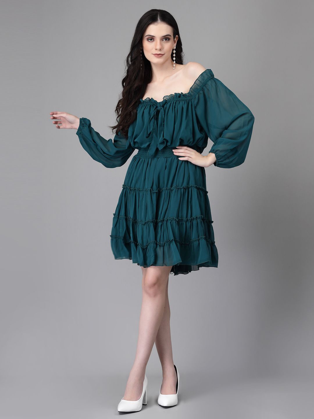 

Global Republic Off-Shoulder Puff Sleeve Georgette Fit & Flare Dress, Green