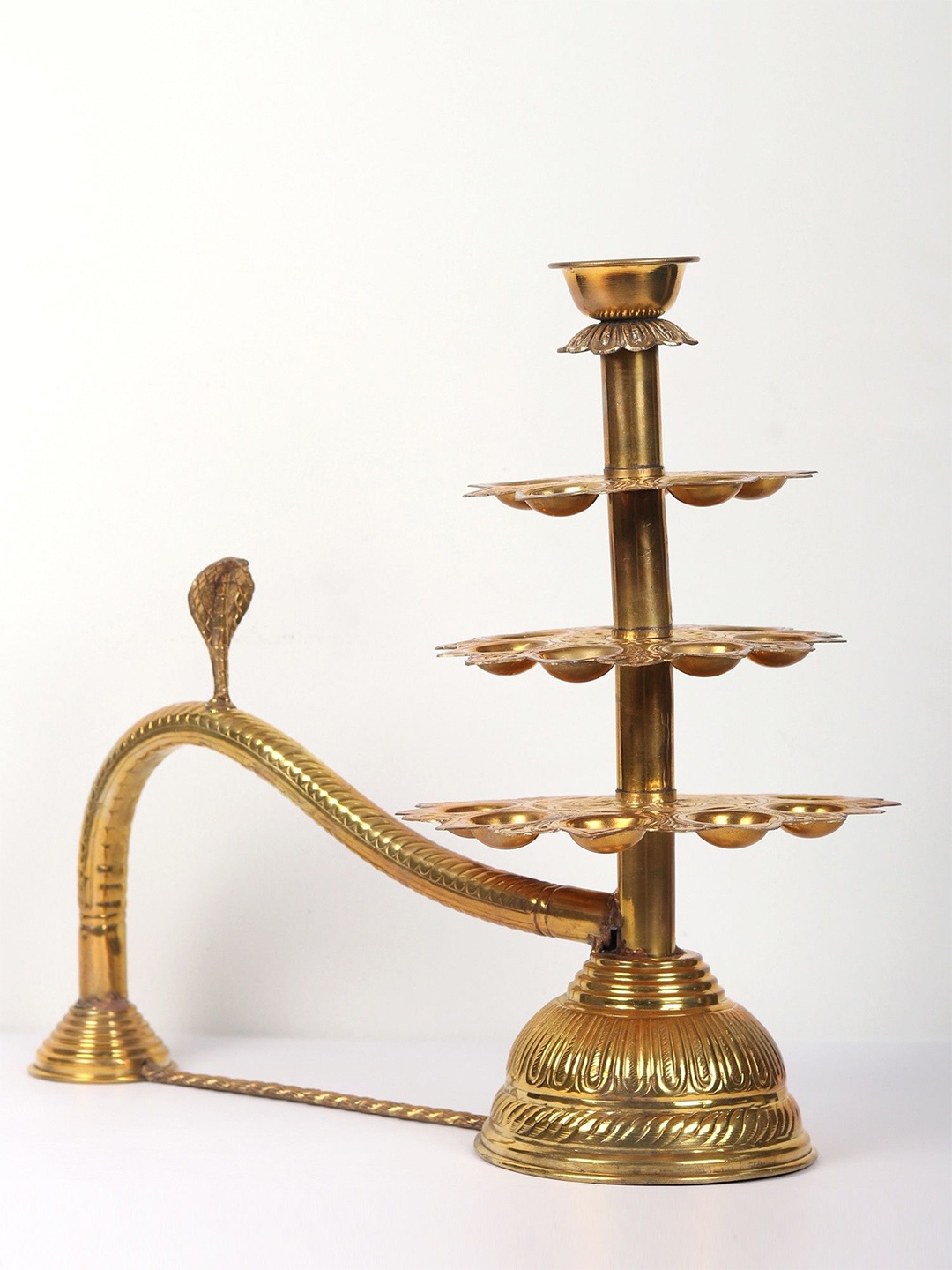 

Exotic India 3 Layer Brass Handheld Multi Wick Aarti Lamp, Gold