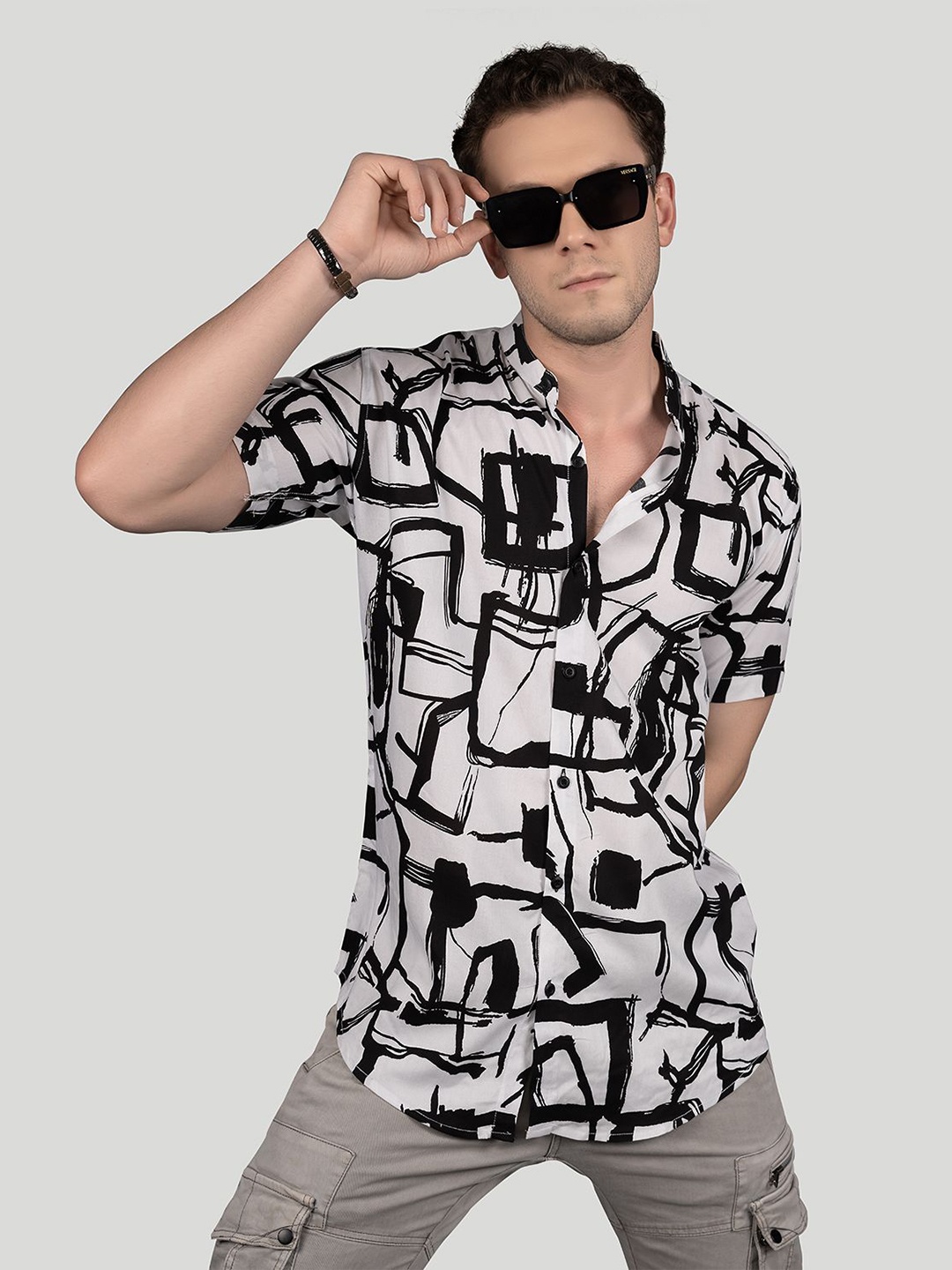 

ALMATY Men Comfort Slim Fit Opaque Printed Party Shirt, White