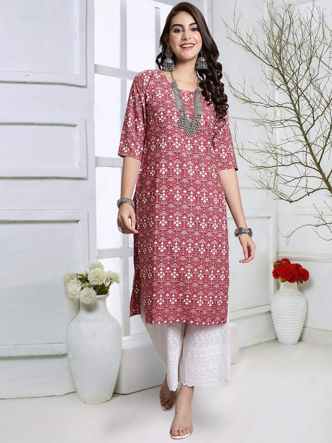 

7Threads Women Geometric Printed Flared Sleeves Sequinned Floral Crepe Kurta, Multi
